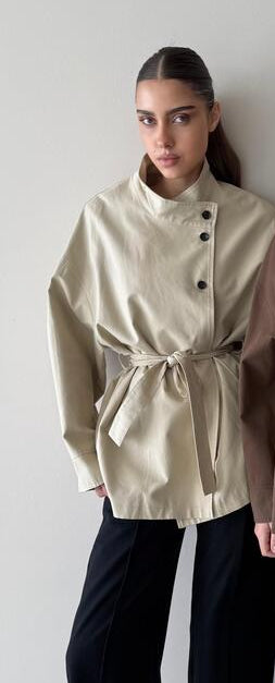 Mandarin Collar Belted Jacket