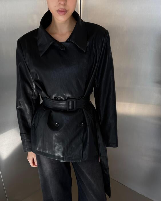 Leather Belted Short Trench