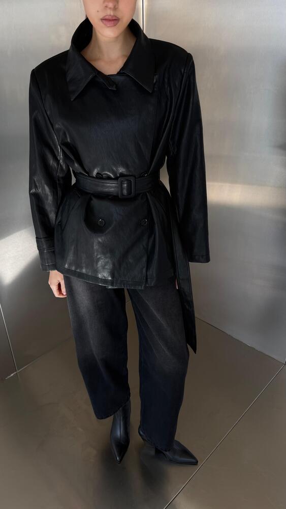 Leather Belted Short Trench