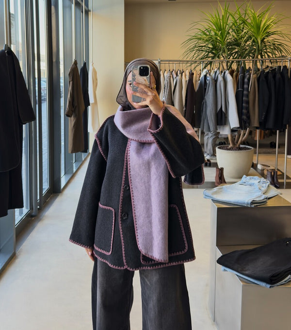 Stitch Detail  Woolen Jacket w/ Scarf
