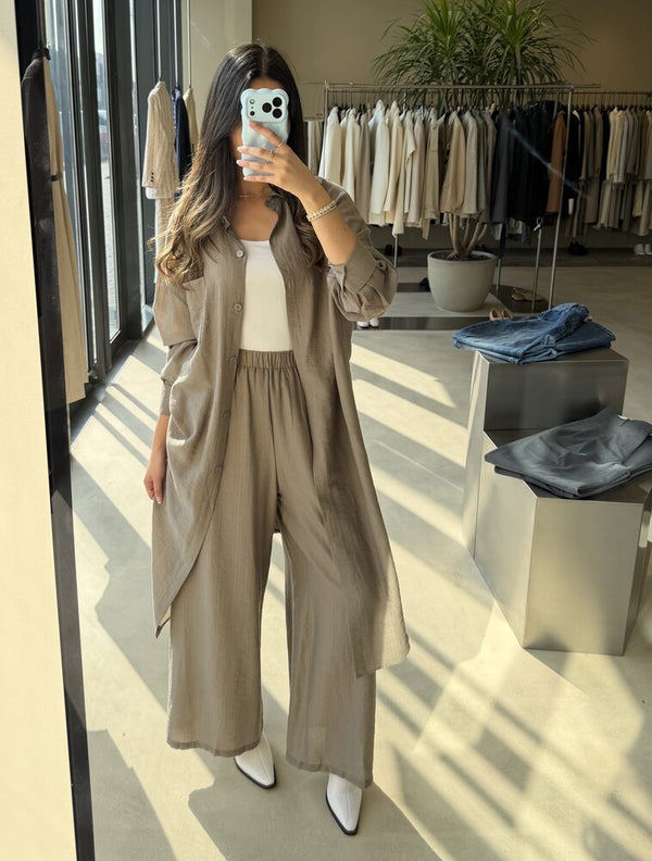 Stitch Pleats Pocket Long Shirt Set