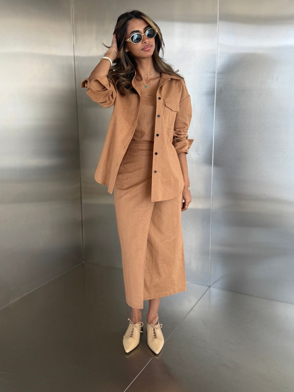 3PC Linen Slanted Skirt Set