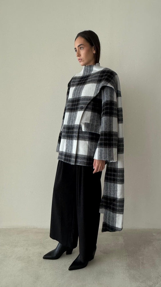Plaid Scarf Woolen Coat