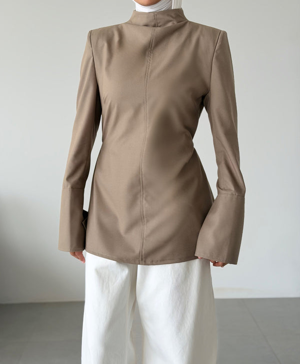 High-neck Belted Shirt