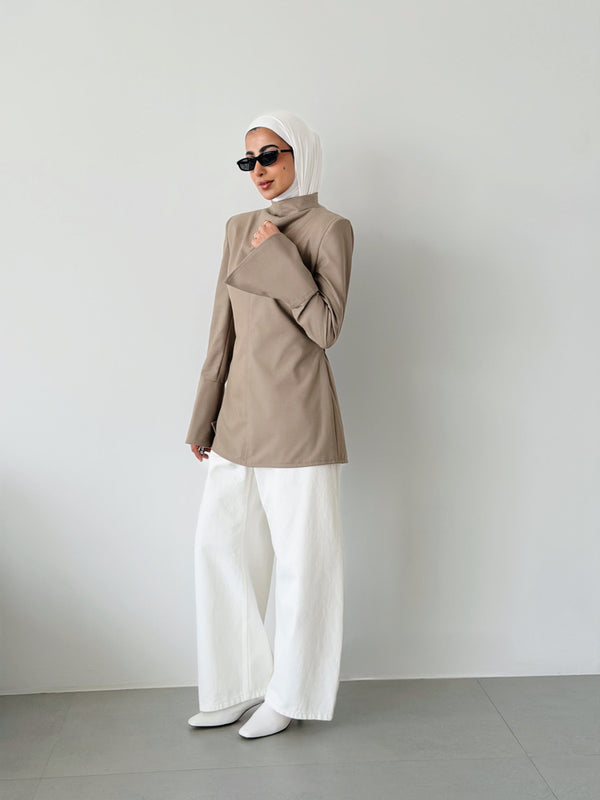 High-neck Belted Shirt