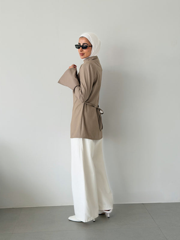 High-neck Belted Shirt