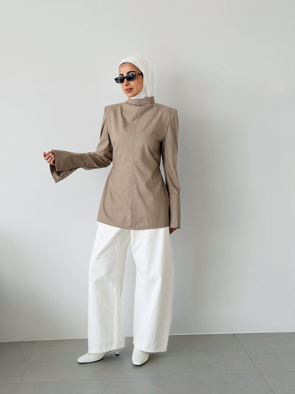 High-neck Belted Shirt