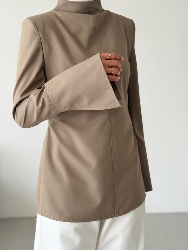 High-neck Belted Shirt