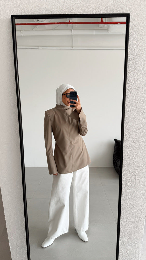 High-neck Belted Shirt