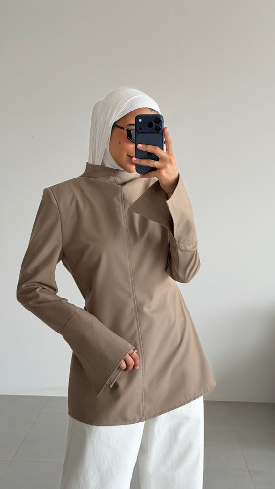 High-neck Belted Shirt