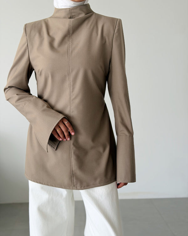 High-neck Belted Shirt