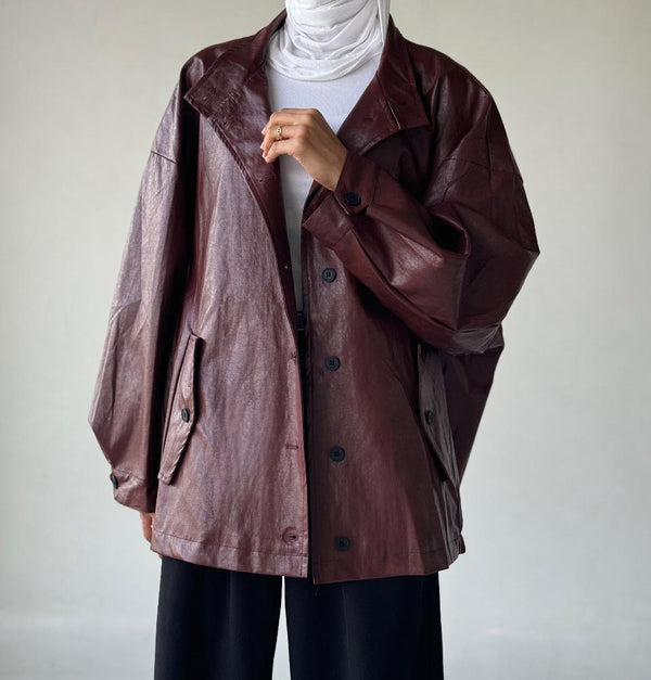 Vintage Stand Neck Pu Leather Jacketsالسترات الخارجية / المعاطف