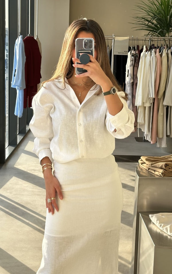Linen White Sets w/ Wide Back Slit Skirt