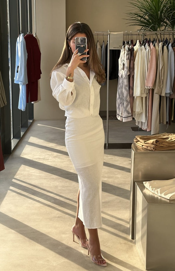 Linen White Sets w/ Wide Back Slit Skirt