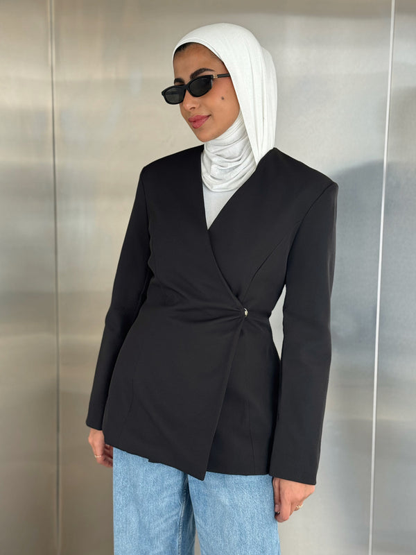 Snap Buttoned Belted V-neck Blazer