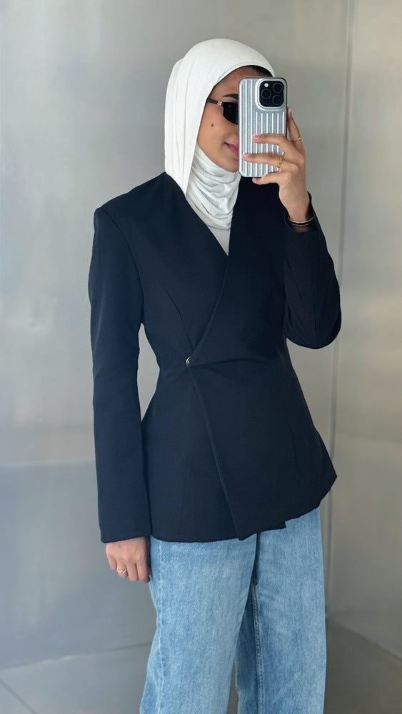 Snap Buttoned Belted V-neck Blazer