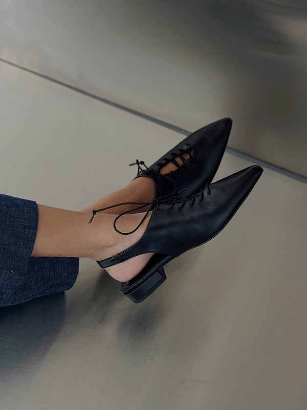 Pointed Lace Up Mules