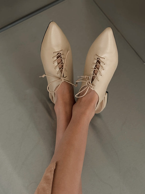 Pointed Lace Up Mules