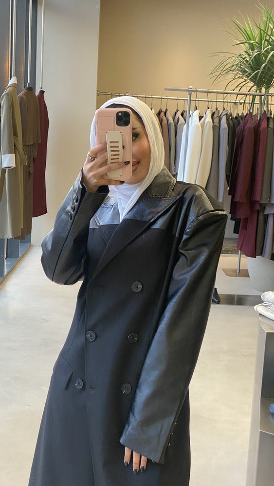 Black PU Leather Sleeve Long Blazer