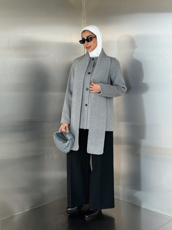 Built-in Scarf Round Neck Jacket