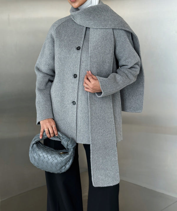 Built-in Scarf Round Neck Jacket