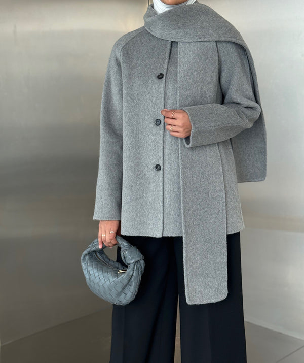 Built-in Scarf Round Neck Jacket