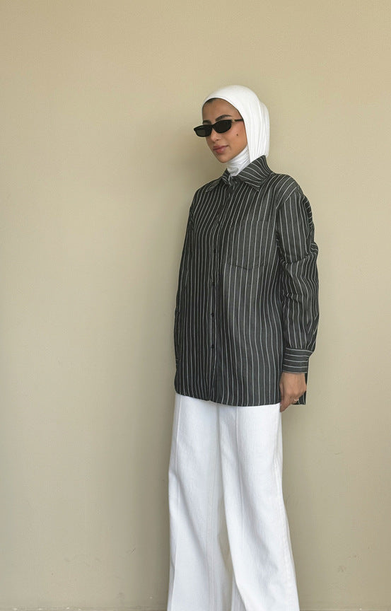 Black Single Pocket Stripe Shirt