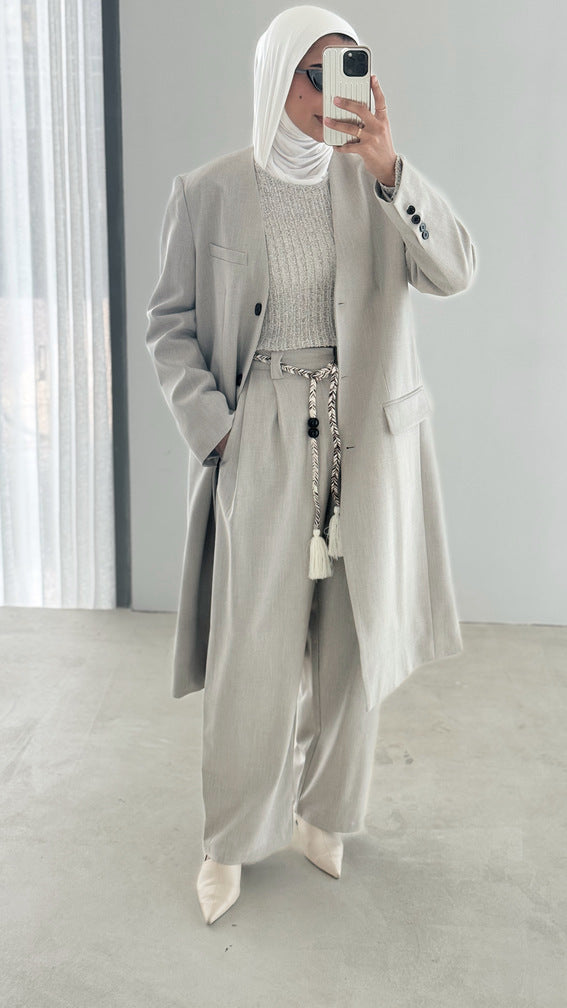 3PC Collarless Longline Blazer Set
