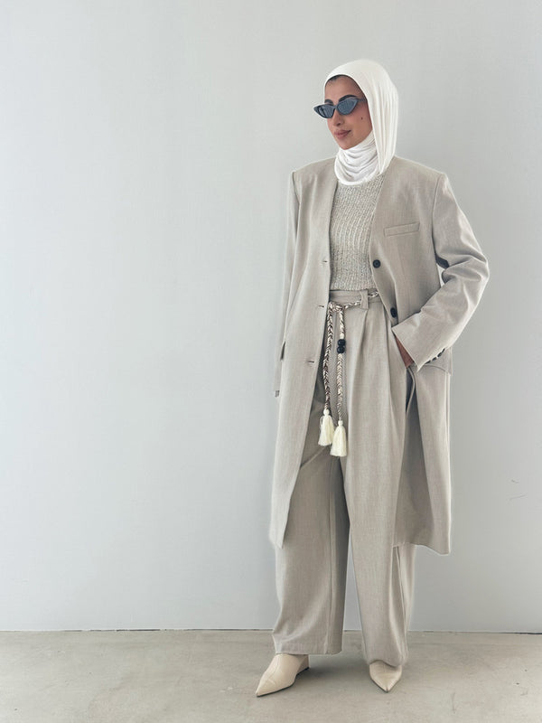 3PC Collarless Longline Blazer Set