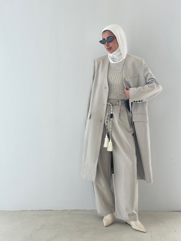 3PC Collarless Longline Blazer Set
