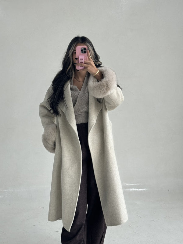 Belted Long Woolen Coat w/ Fur Cuffs