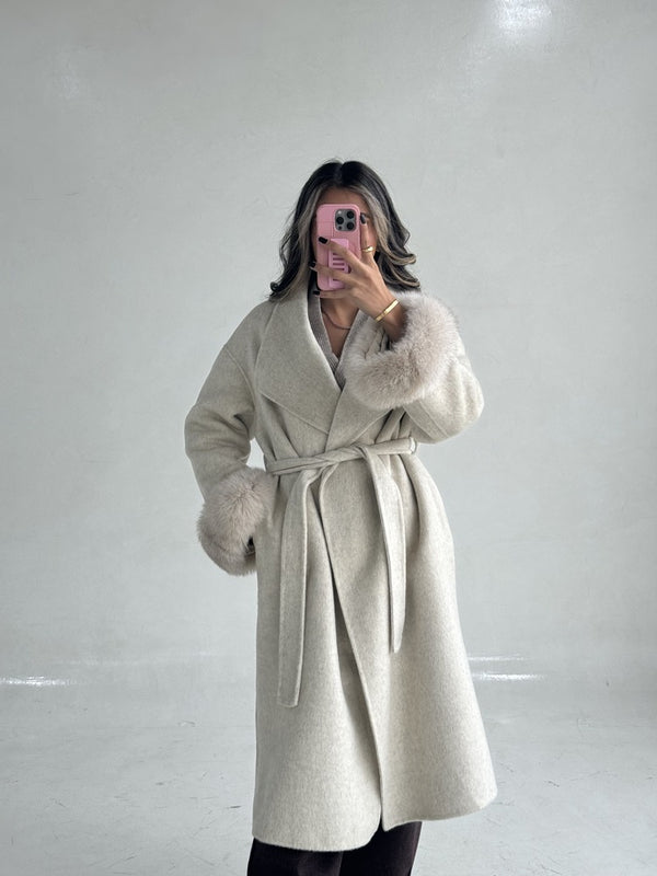 Belted Long Woolen Coat w/ Fur Cuffs