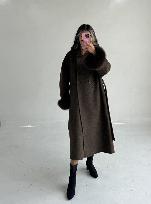 Loose Belt Overcoat with Fur Cuffs