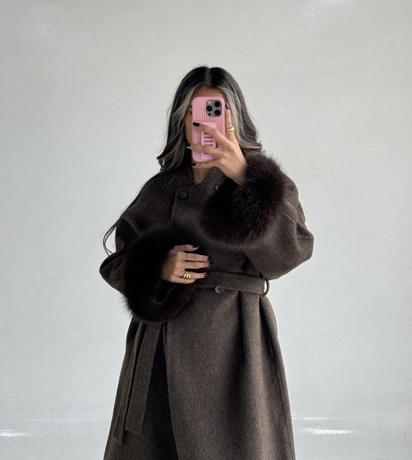 Loose Belt Overcoat with Fur Cuffs