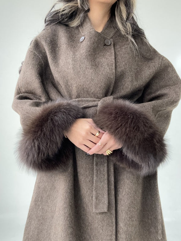 Loose Belt Overcoat with Fur Cuffs