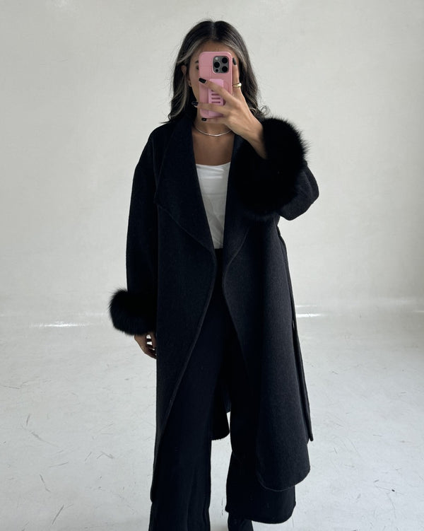 Belted Long Woolen Coat w/ Fur Cuffs