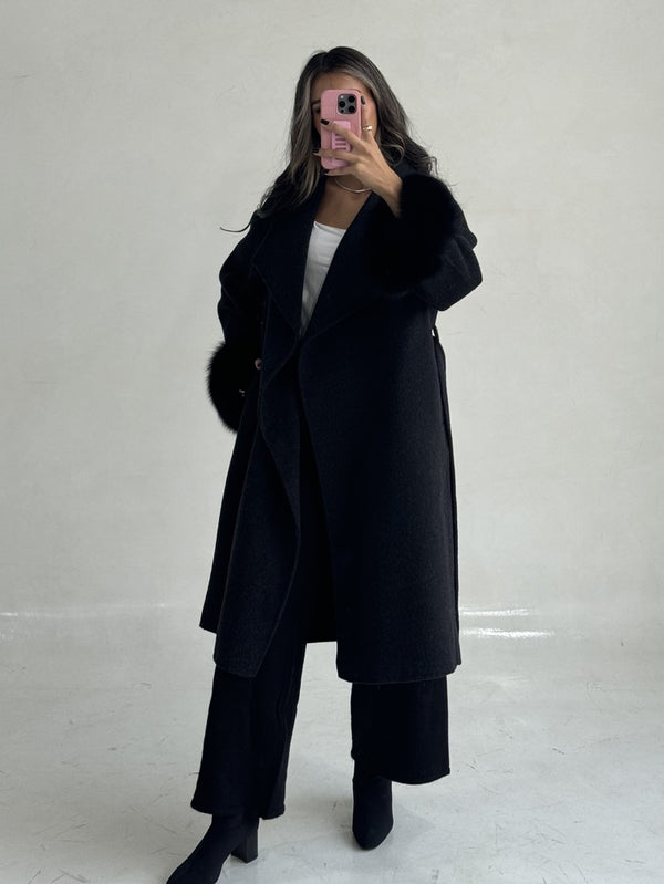 Belted Long Woolen Coat w/ Fur Cuffs