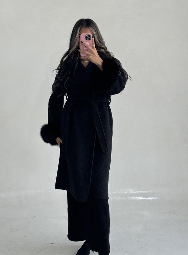 Belted Long Woolen Coat w/ Fur Cuffs