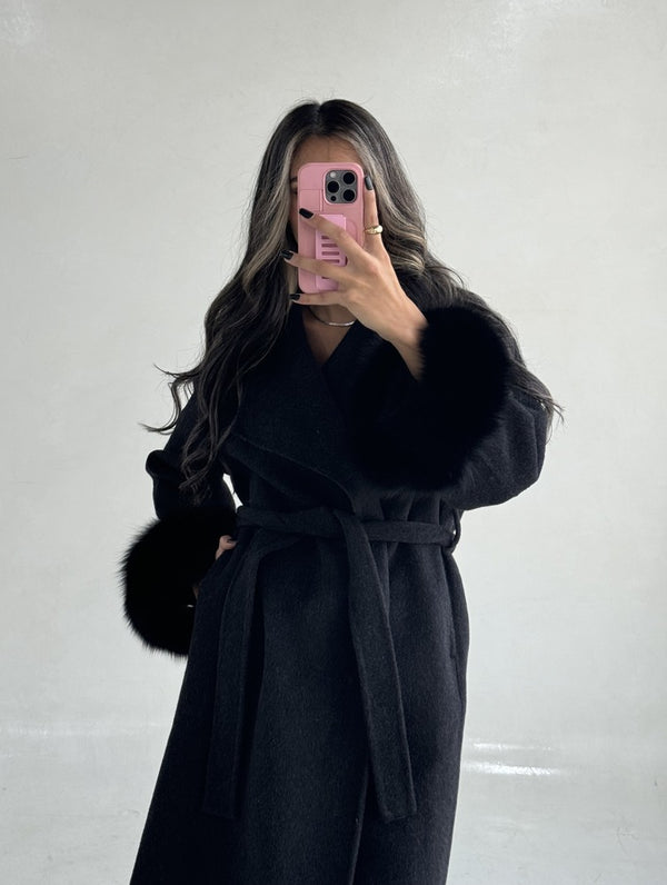 Belted Long Woolen Coat w/ Fur Cuffs