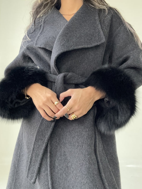 Belted Long Woolen Coat w/ Fur Cuffs