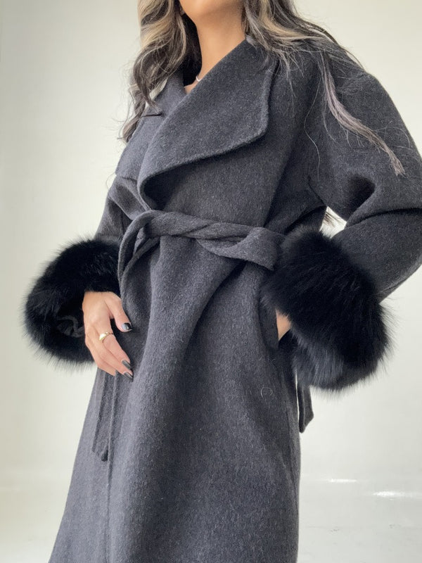 Belted Long Woolen Coat w/ Fur Cuffs