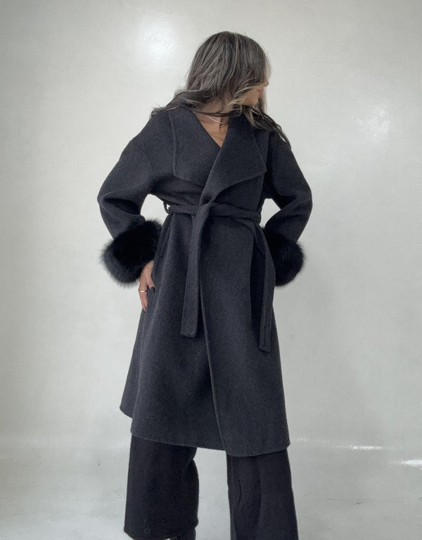 Belted Long Woolen Coat w/ Fur Cuffs