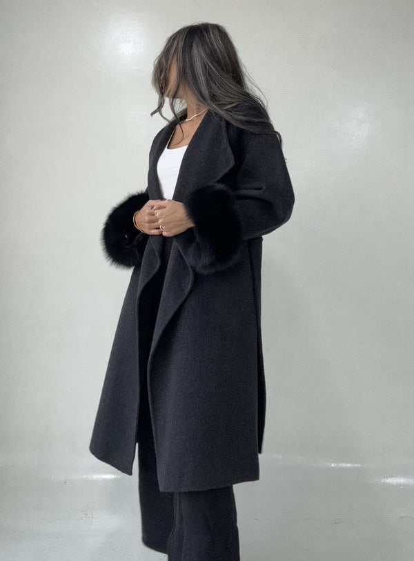 Belted Long Woolen Coat w/ Fur Cuffs