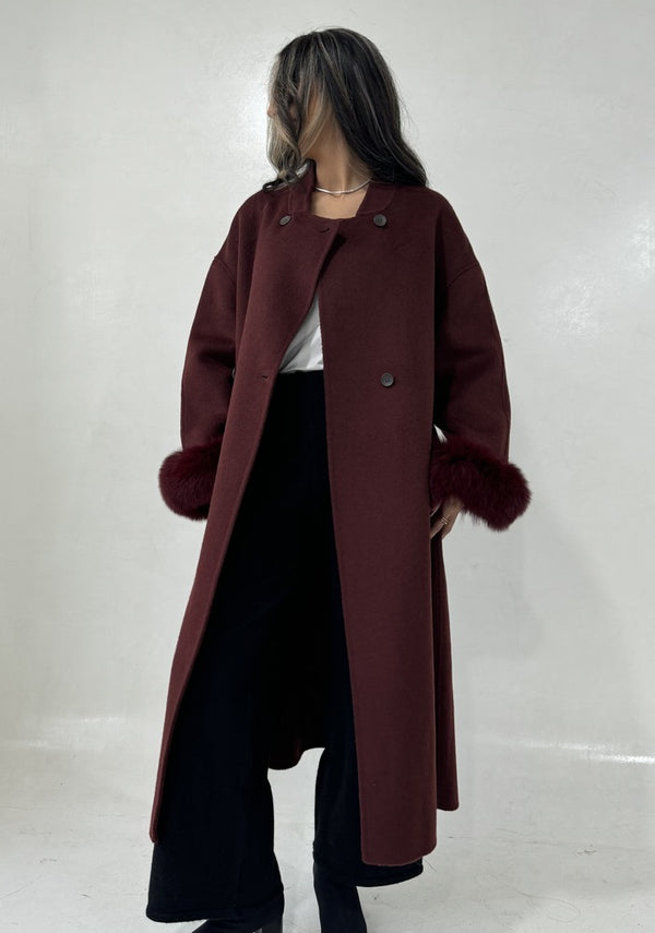 Loose Belt Overcoat with Fur Cuffs