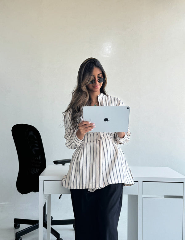Vintage Striped Gathered Waist Shirts بلوزة