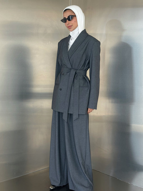 Belted  Collar Blazer Set