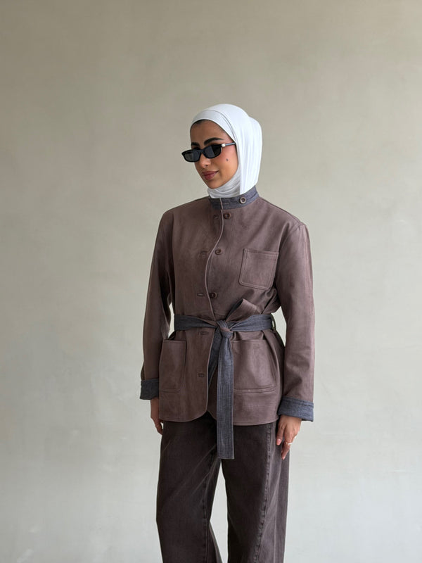Band Collar Suede Jacket w/ Belt