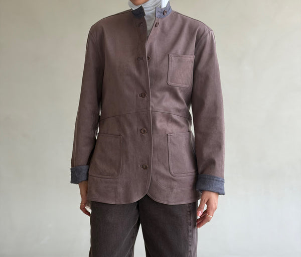 Band Collar Suede Jacket w/ Belt