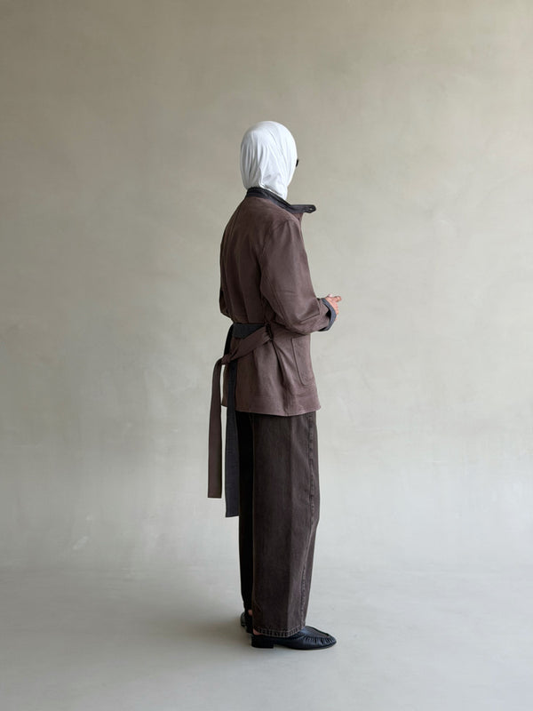 Band Collar Suede Jacket w/ Belt