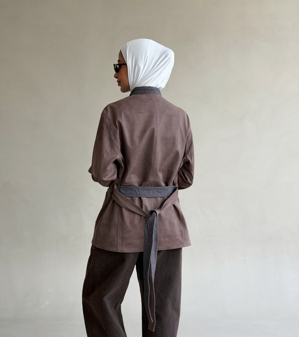 Band Collar Suede Jacket w/ Belt